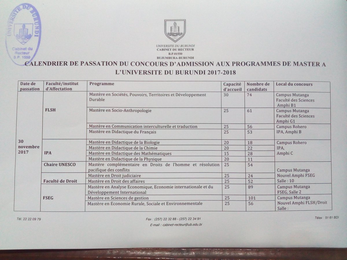 UB_Rumuri's tweet photo. Calendrier de passation du concours d'admission aux programmes de Master de l'Université du Burundi AA 2017-2018 https://t.co/FVFot5UryB