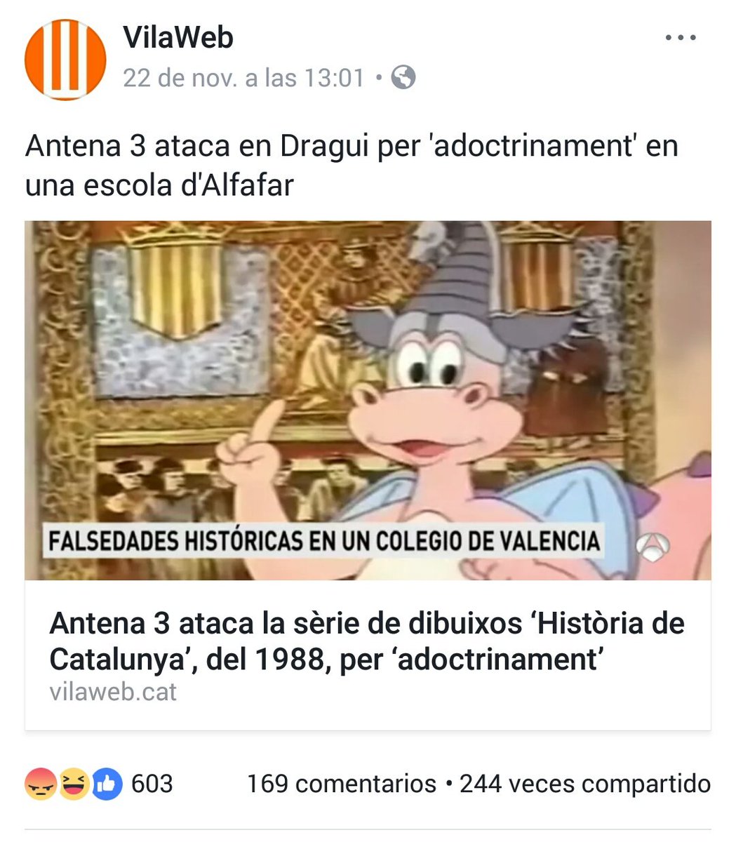 LaForja_Jovent's tweet photo. 🚫Els mitjans espanyols ataquen ara la sèrie de dibuixos 'Història de Catalunya'.

Antena3 va atacar la sèrie en una notícia assenyalant una escola d'Alfafar que la va projectar als alumnes.

El mateix dia l'escola és assaltada per l'extrema dreta. Prou impunitat! ＃FreeDragui https://t.co/IiZGh71MzG
