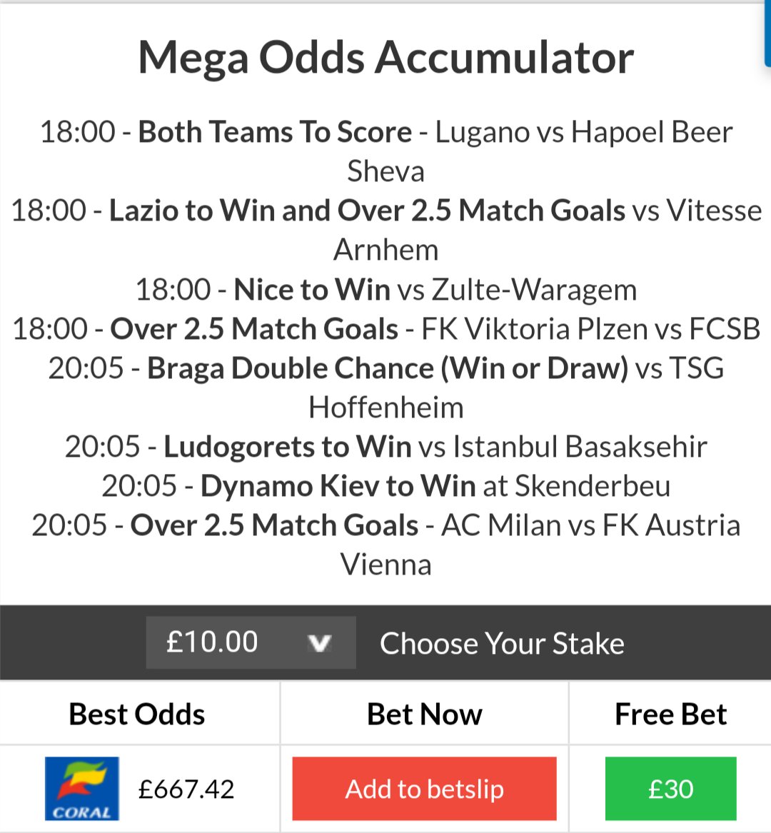 Free Super Tips on X: Today's FREE Tips! ⚽ 65/1 Mega Odds Acca ⚽ 21/1 Win  Acca ⚽ 20/1 BTTS Acca ⚽ 48/1 BTTS & Win Treble ⚽ 12/1 Match Goals Acca