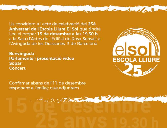 EscolaElSol's tweet photo. ❗️Nova data #25anyselsol: 15 de desembre a @RosaSensat. Volem de celebrar aquests vint-i-cinc anys amb totes les persones i organitzacions que heu col·laborat a fer créixer el projecte al llarg de la seva història. Comptem amb vosaltres! 🤗 https://t.co/bDlitj4e8X