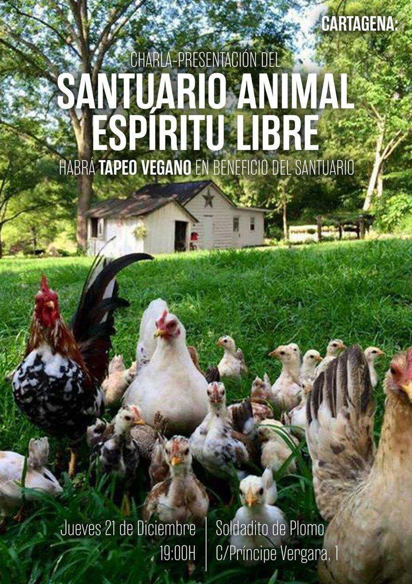 santuario_libre's tweet photo. ¡GENTE DE CARTAGENA!

El 21 de diciembre haremos una presentación del proyecto, y hablaremos sobre el especismo, los santuarios animales, activismo y por supuesto sobre las habitantes que viven en Espíritu Libre

También podréis disfrutar de un súper tapeo vegano solidario 😊 https://t.co/zKEw3PycK1