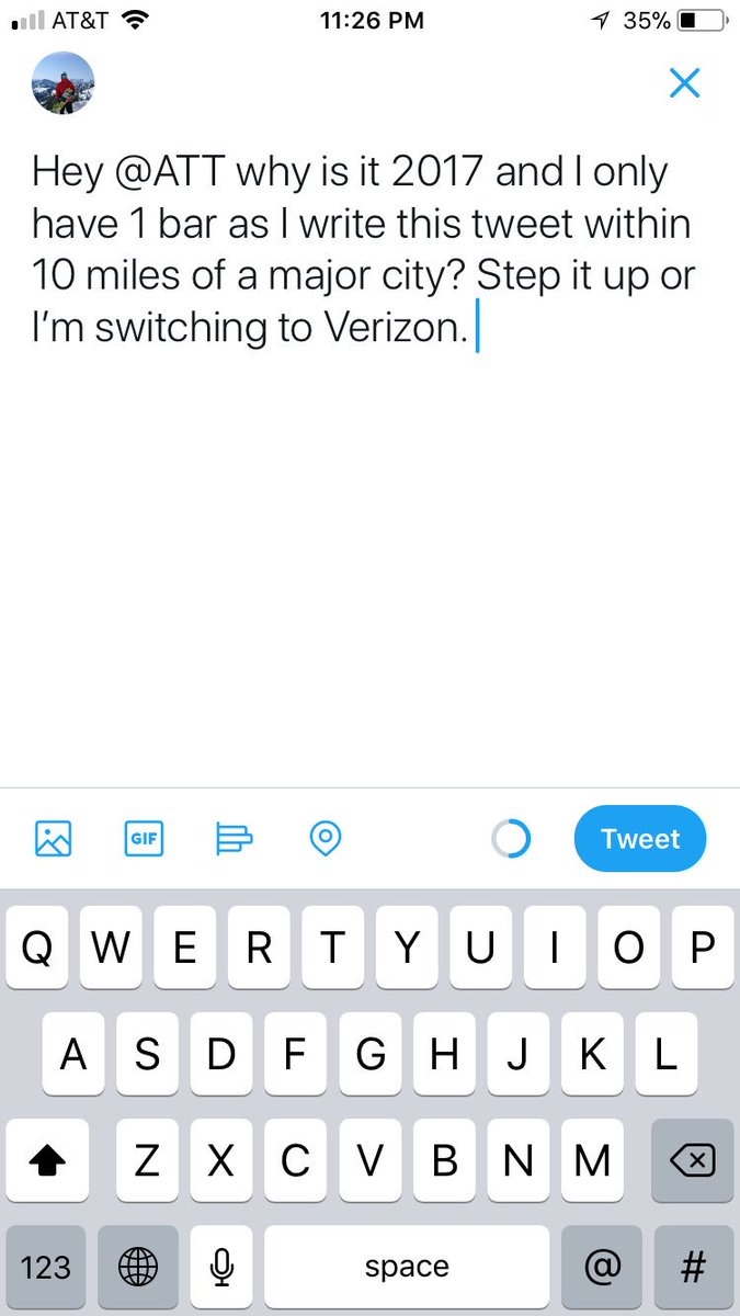 Timmy_Legs's tweet photo. Hey @ATT why is it 2017 and I only have 1 bar as I write this tweet within 10 miles of a major city? Step it up or I’m switching to Verizon. #Verizon #att #SanDiego https://t.co/K3aDDlkNg4