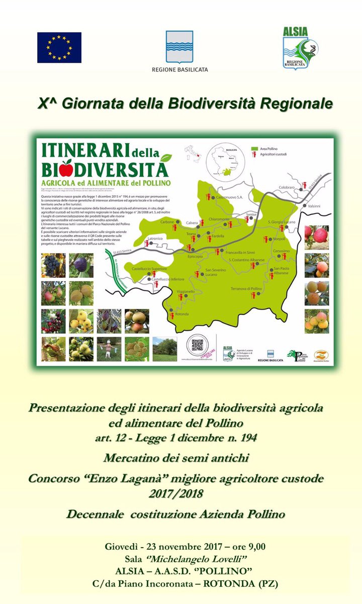 LucaBraia's tweet photo. Ci vediamo più tardi a Rotonda per la giornata della Biodiversità Regionale. Saranno presentati gli itinerari della biodiversità agricola e alimentare del Pollino e sarà premiato il migliore agricoltore custode della Basilicata.
#AvantiBasilicata
#BioBasilicata
#DipAgribas https://t.co/q4ME1iMcf7