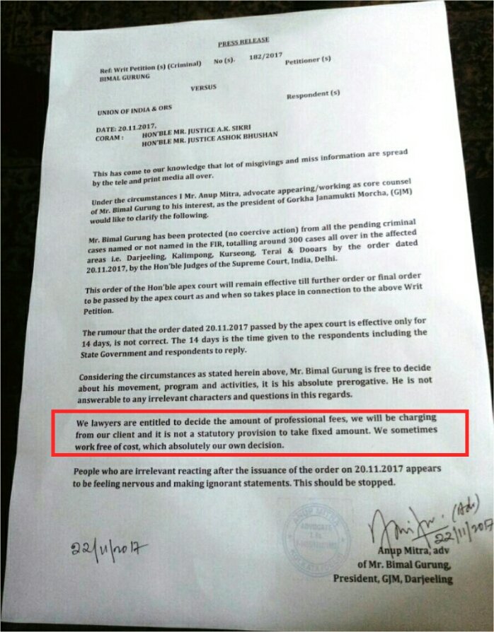 GorkhalandGJM's tweet photo. Press Release by Mr. Anup Mitra, counsel for Shri @BimalGjm, President GJM

For all those questions about counseling fees, he says: 

"We sometimes work free of cost, which absolutely our own decision"

#Gorkhaland https://t.co/UIAUFPk2HP