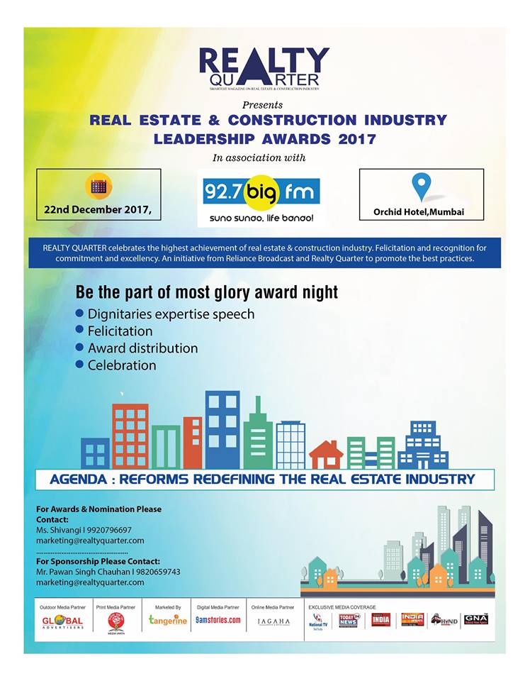 9AMStories's tweet photo. #RealtyQuarter's Real Estate &amp; Construction Industry Leadership Awards is scheduled to be held on 22nd December 2017 at Mumbai. Stay tuned for more updates!
To know more visit https://t.co/XwJJDBxjEA
#RealEstateAndConstruction #IndustryLeadershipAwards #DigitalMediaPartner https://t.co/sH5OyGDVIp