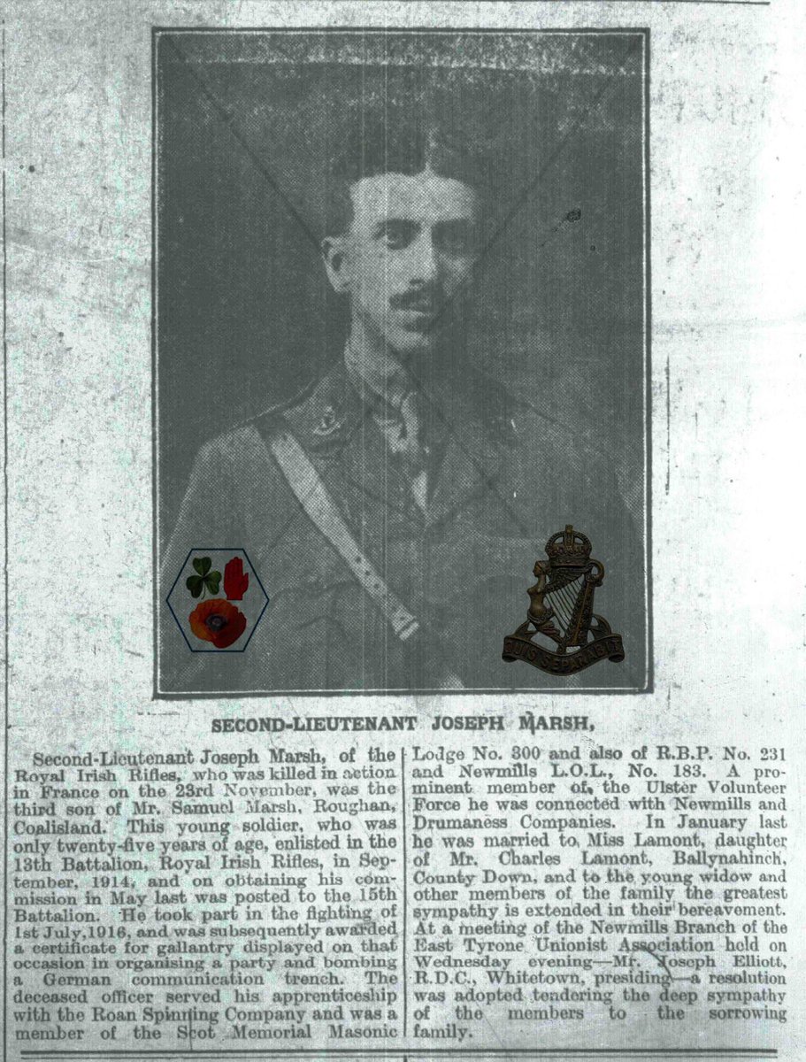 betting93's tweet image. 100 years today Second Lieutenant James Marsh Royal Irish Rifles was killed in action. Member of Scott Masonic Lodge Coalisland No.300, Newmills Orange Lodge No.183 and R.B.P. No. 231.