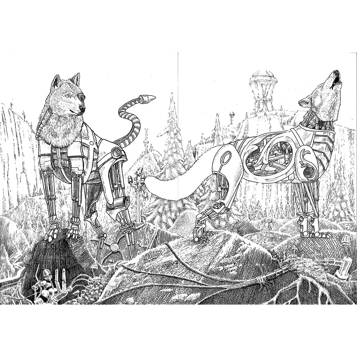 K_Black_Line's tweet photo. First spread of #coloringbook is ready to coloring test. Streamed on #twitch at the start to the end. #robot #animal #wolf #wolves #ink #traditionalart #illustration #drawings #art #artist #twitchcreative #blackandwhite #knightoftheblackline https://t.co/kCVz82LoBn