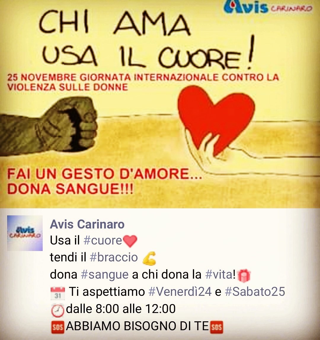 AvisCarinaro91's tweet photo. Usa il #cuore;
Tendi il #braccio;
Dona #sangue a chi dona la #vita.
Ti aspettiamo #venerdi24 e #sabato25 dalle 08.00 alle 12.00!
Abbiamo bisogno di #te.
#aviscarinaro pagina facebook Avis Carinaro #avis #donatorifelici https://t.co/uDvR7YXUot