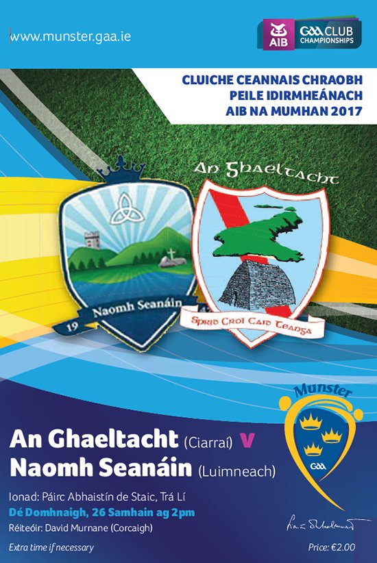MunsterGAA's tweet photo. An Ghaeltacht (Kerry) will play St. Senans (Limerick) in the AIB Munster Intermediate Club Football Championship Final on Sunday November 26th at 2pm in Austin Stack Park Tralee. https://t.co/txZvNWyhy3