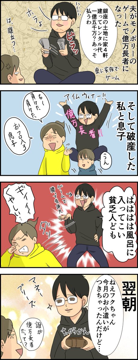 モノポリーで億万長者な夫。 https://t.co/nyoEZHad1d #絵日記 #モノポリー 