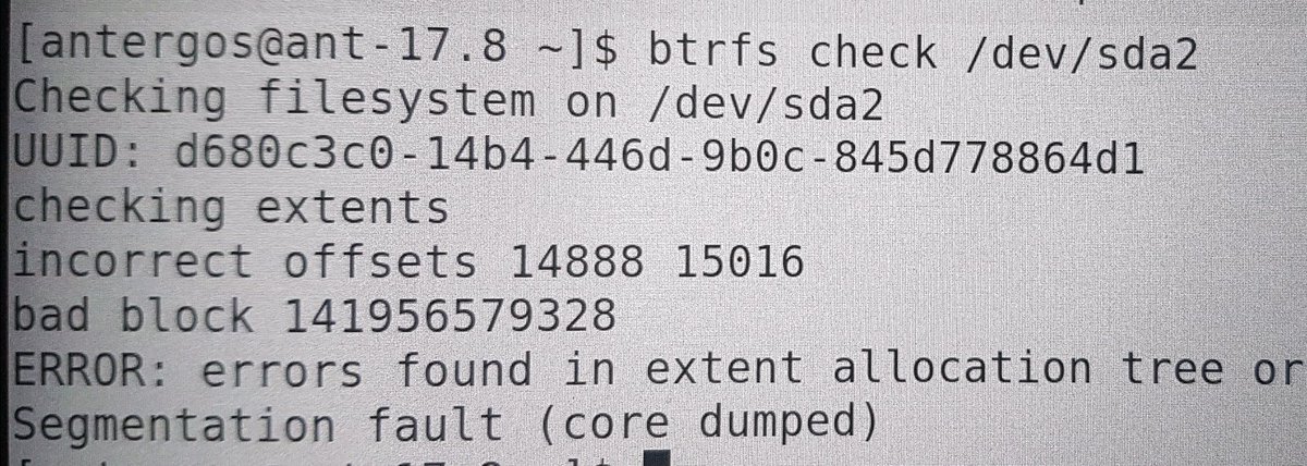 ChannelAdam's tweet photo. Shame on you #btrfs. That's twice now over a couple of months. Time for another filesystem. #NotStable #CoreDumped https://t.co/pVBgpzCUYC