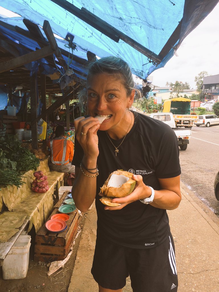 UnaRokoura's tweet photo. Time out from school visit. IreneVanDyk enjoying some fresh coconut juice 👏👏@NetballNZ @FijiNetball #NetGO https://t.co/M2sUgHFXBy