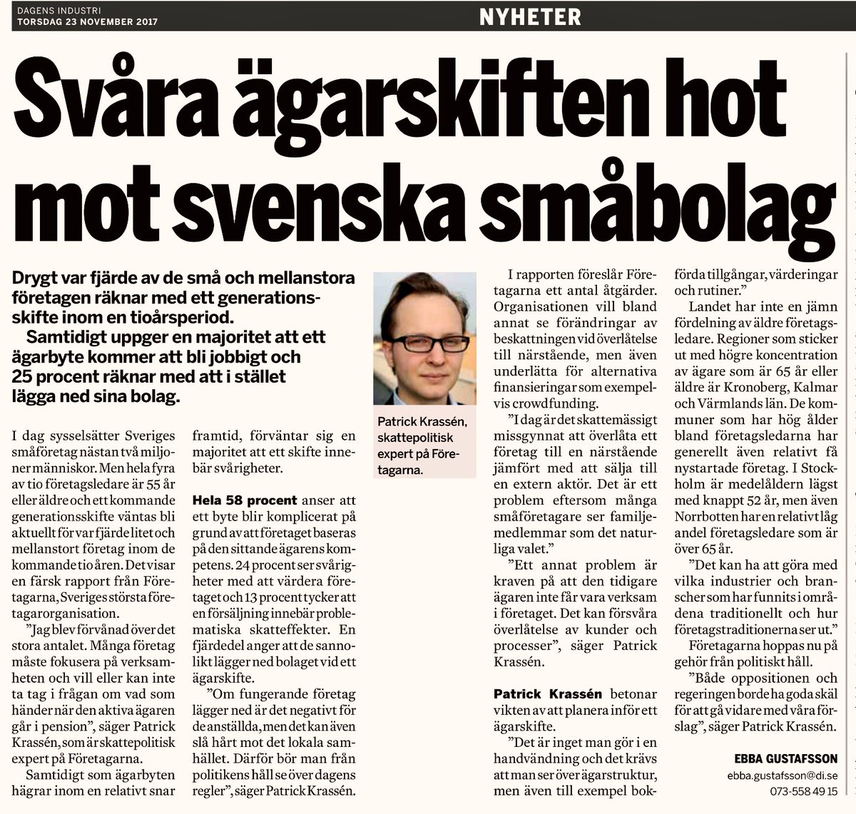 gunthermarder's tweet photo. Vår skatteexpert @nedskattning konstaterar i Di att stora mängder jobb är i fara om inte fler företagare engagerar sig mer i planeringen för ett framtida ägarskifte! https://t.co/SZpPDT44Md