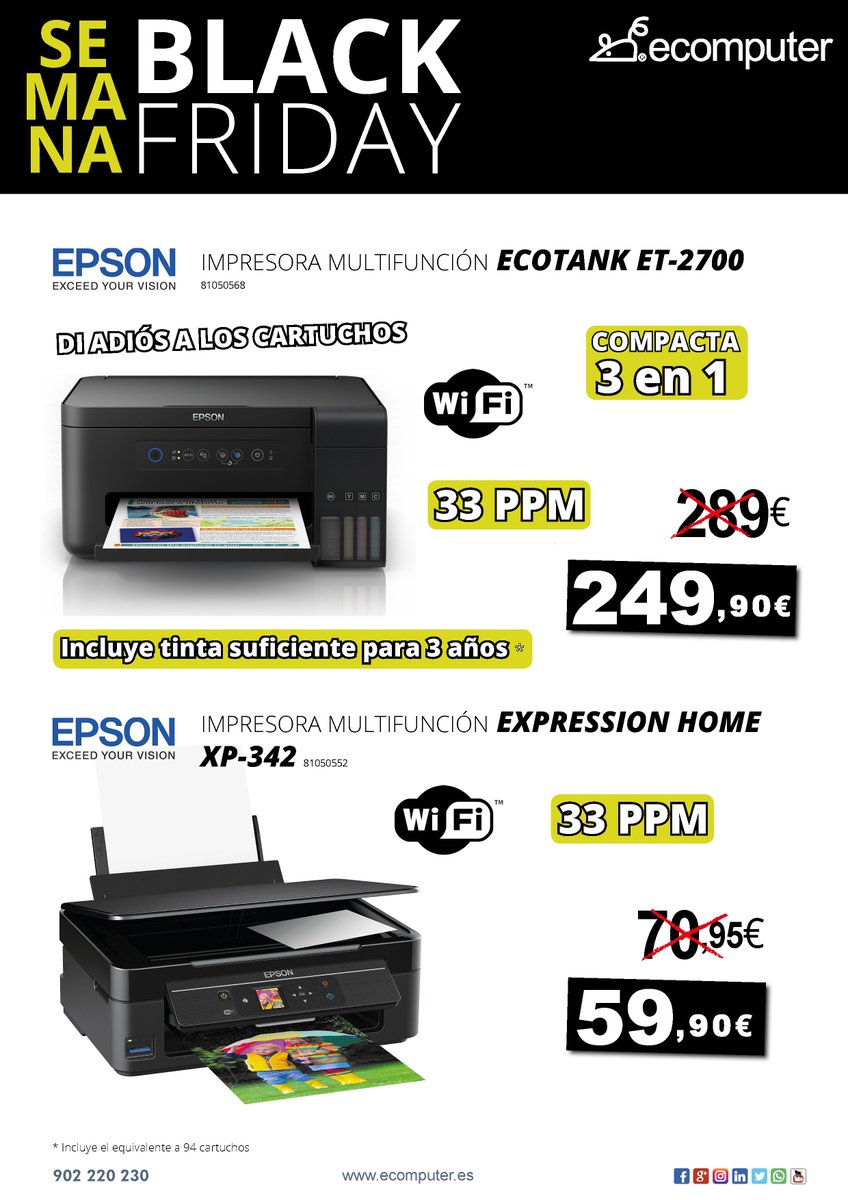 Ecomputer_'s tweet photo. #BlackFridayEcomputer #impresoras #Epson Di adiós a los cartuchos con #Ecotank ET-2700 la impresora profesional 3 en 1 que incluye tinta suficiente para 3 años. Y para el hogar la impresora compacta #ExpressionHome XP-342 con impresión móvil #BlackFriday #TiendasEcomputer https://t.co/eS1DRuPEKA