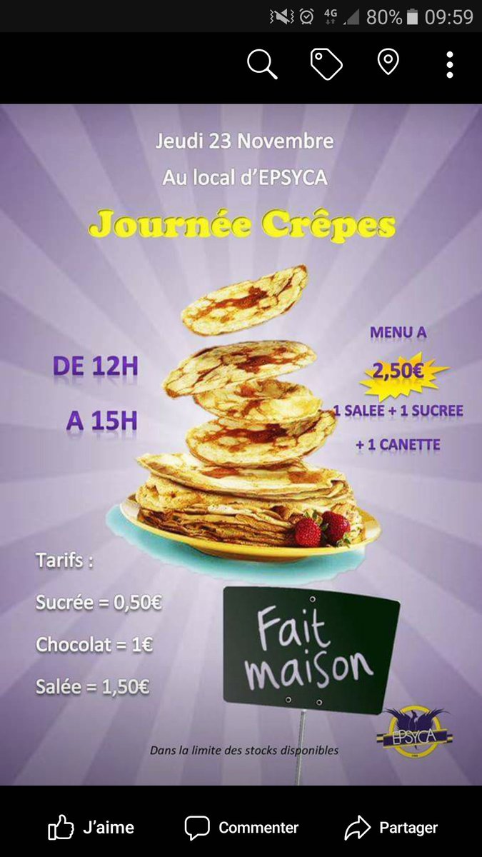 epsyca's tweet photo. On vous propose une journée crêpes aujourd'hui ! On vous attend nombreux 😀🍽 https://t.co/i88k1n1ZrG