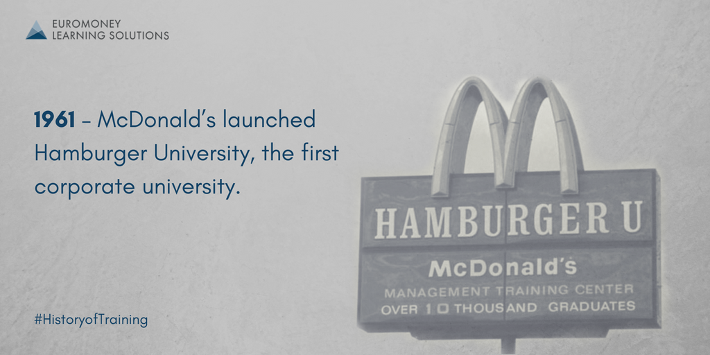 EuromoneyLearn's tweet photo. In 1961 @McDonalds launched it's first corporate university, the Hamburger University, as a method of maintaining customer service across all McDonalds branches. #HistoryofTraining https://t.co/vtiBxi2eUj