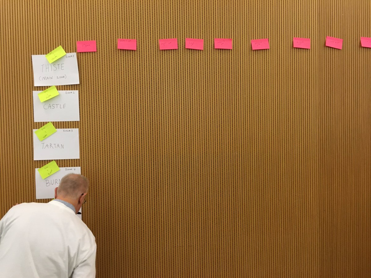 LockhartL's tweet image. Important info for watch parties and remote attendees: This is @scharlau busy putting together the #oneteamgovscot session grid in the room. Online, you can watch the grid populate live then visit the live scribing of all the sessions as they happen.