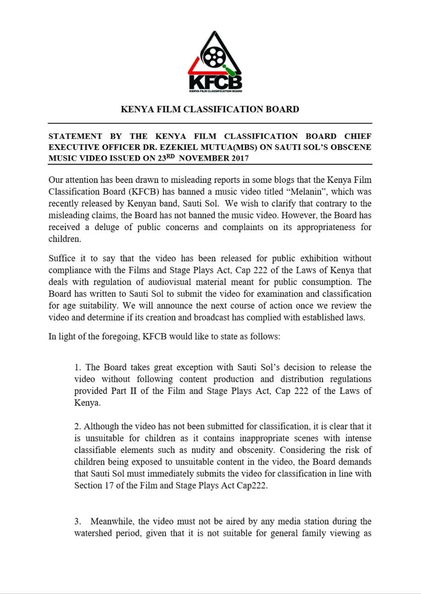 EzekielMutua's tweet photo. It is unfortunate that a reputable band like Sauti Sol would resort to sideshows in this important matter rather than complying with the law in their operations. 

#SautiSolVideoIrksEzekielMutua https://t.co/USYINj1eYg