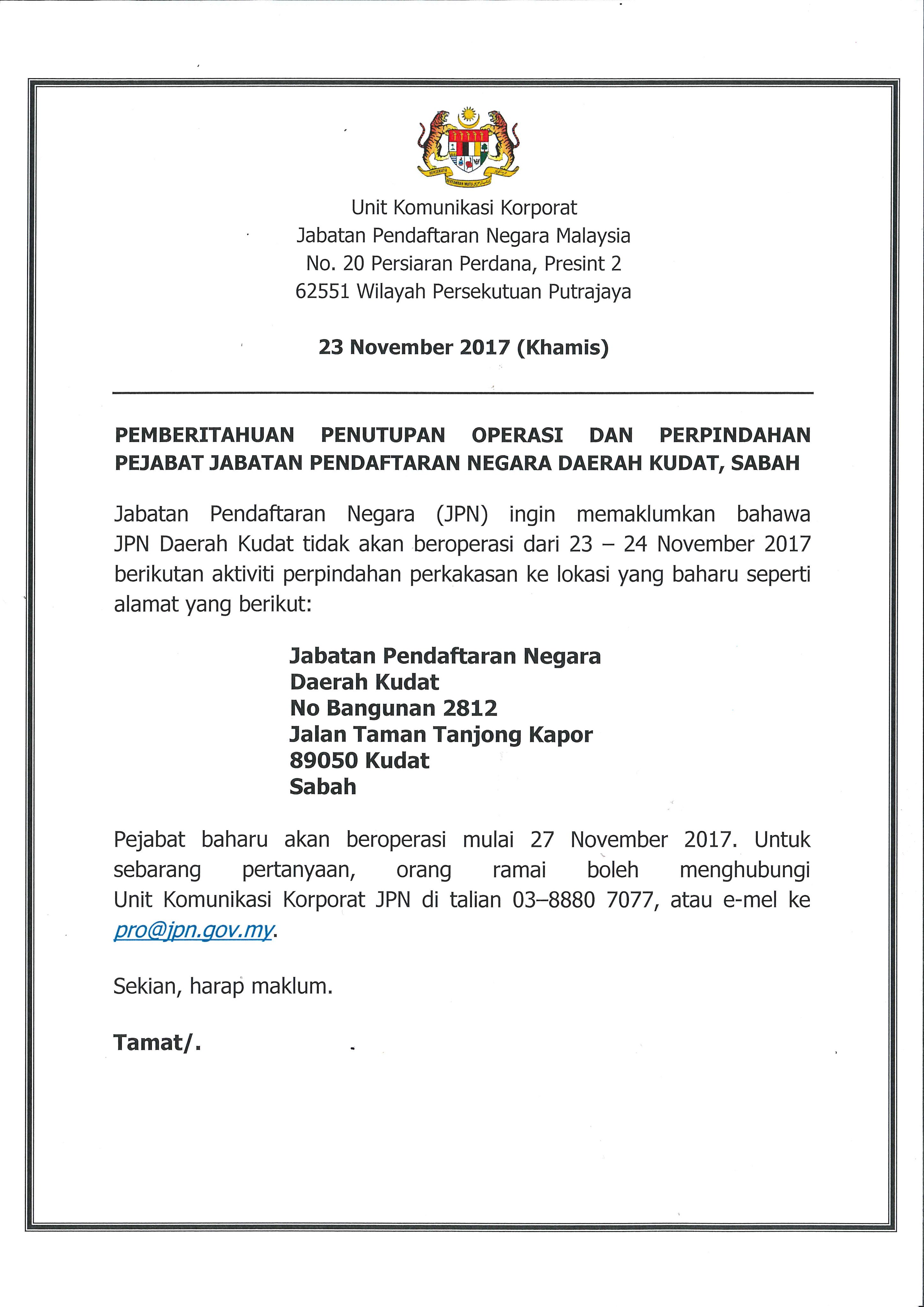 Jpn Malaysia Pa Twitter Pemberitahuan Penutupan Operasi Dan Perpindahan Pejabat Jabatan Pendaftaran Negara Daerah Kudat Sabah Https T Co Yw2xlagdq7 Twitter