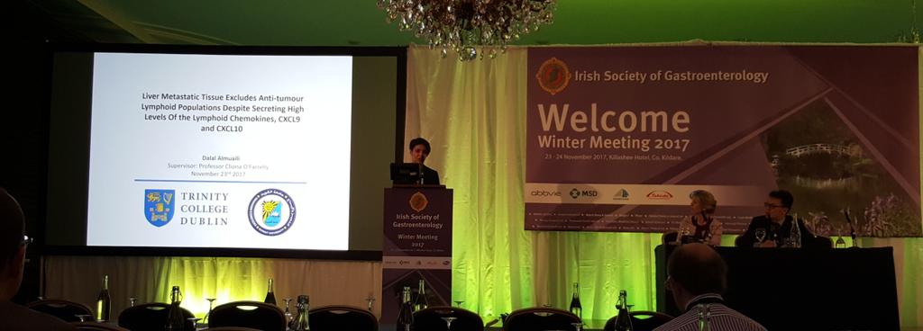 Dalal Almuali presenting on dysregualted cytokine environment in the liver of patients with colorectal metastases at Irish society of gastroenterology annual meeting