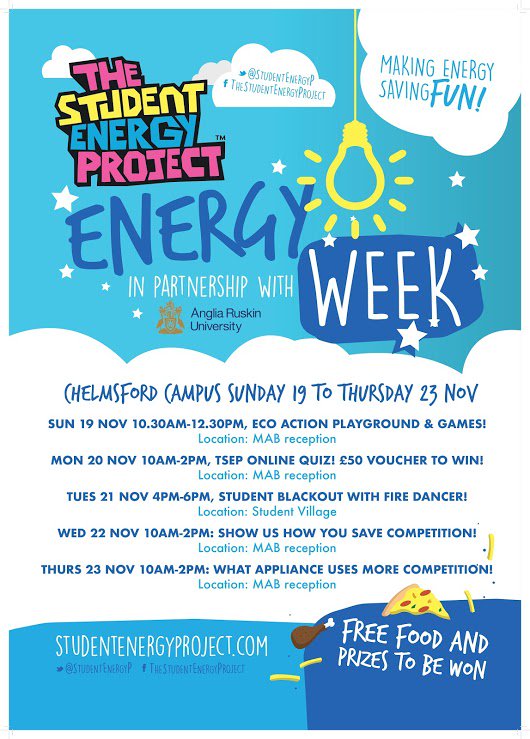 AngliaRuskin's tweet photo. Save £s and the planet this ##ARUEnergyWeek. There’s lots of prizes and freebies to be given away along with top tips for energy saving https://t.co/LHKHv7d7Mf