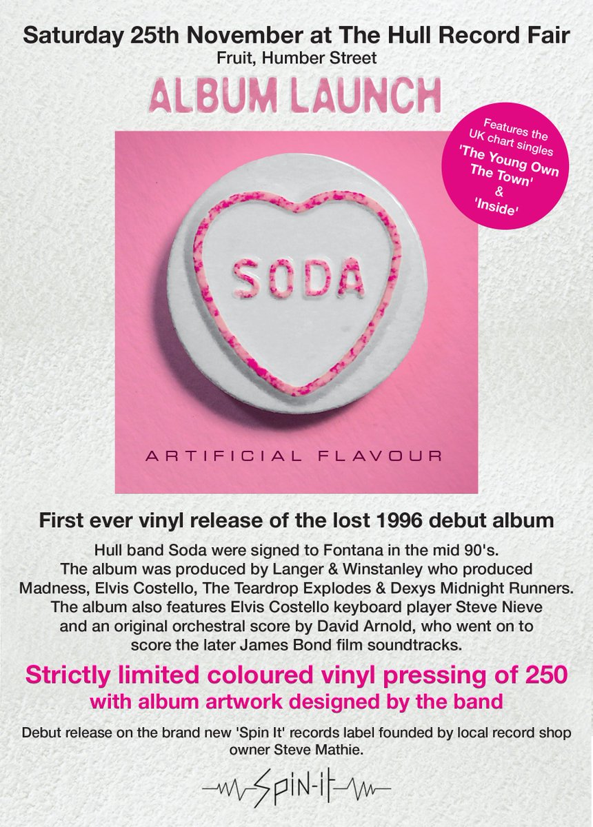 Sodabritpopband's tweet photo. Continuing the countdown to Saturday & the launch of our lost 1996 debut album on ltd ed vinyl- here's something cool we have set up in conjunction with #spinithull @HullRecordFair @GJMmusic @FruitSpaceHull #vinyl #recordcollectors #hullbands #hullmusic #newmusiconvinyl #britpop https://t.co/5eGMYjcoX3