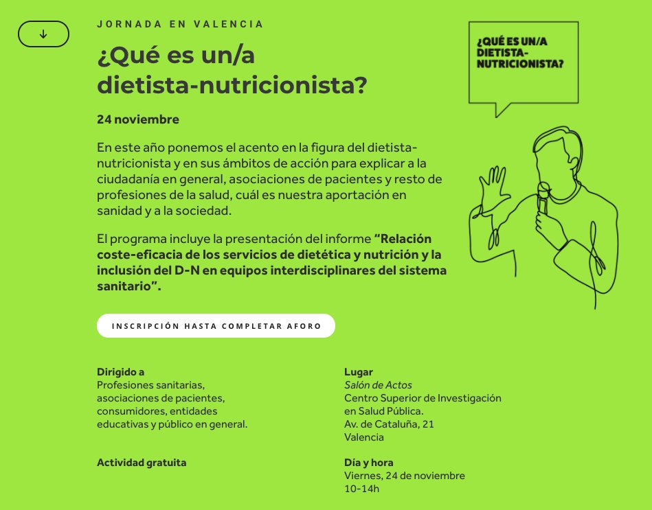 CODINUCyL's tweet photo. Jornada en Valencia ➡️¿Qué es un/a dietista-nutricionista? Consulta el programa aquí: https://t.co/Y56fWZmAZc y el streaming de la jornada aquí: https://t.co/RtxSOf0EIX Con la participación de nuestra colegiada @Scruz_nutri  👌😄👏 https://t.co/yCtue8hCxj
