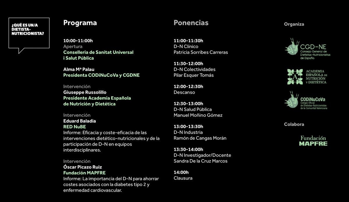 Jornada en Valencia ➡️¿Qué es un/a dietista-nutricionista? Consulta el programa aquí: bit.ly/2zeHqdV y el streaming de la jornada aquí: bit.ly/1J78prt Con la participación de nuestra colegiada <a href="/Scruz_nutri/">Sandra de la Cruz</a>  👌😄👏