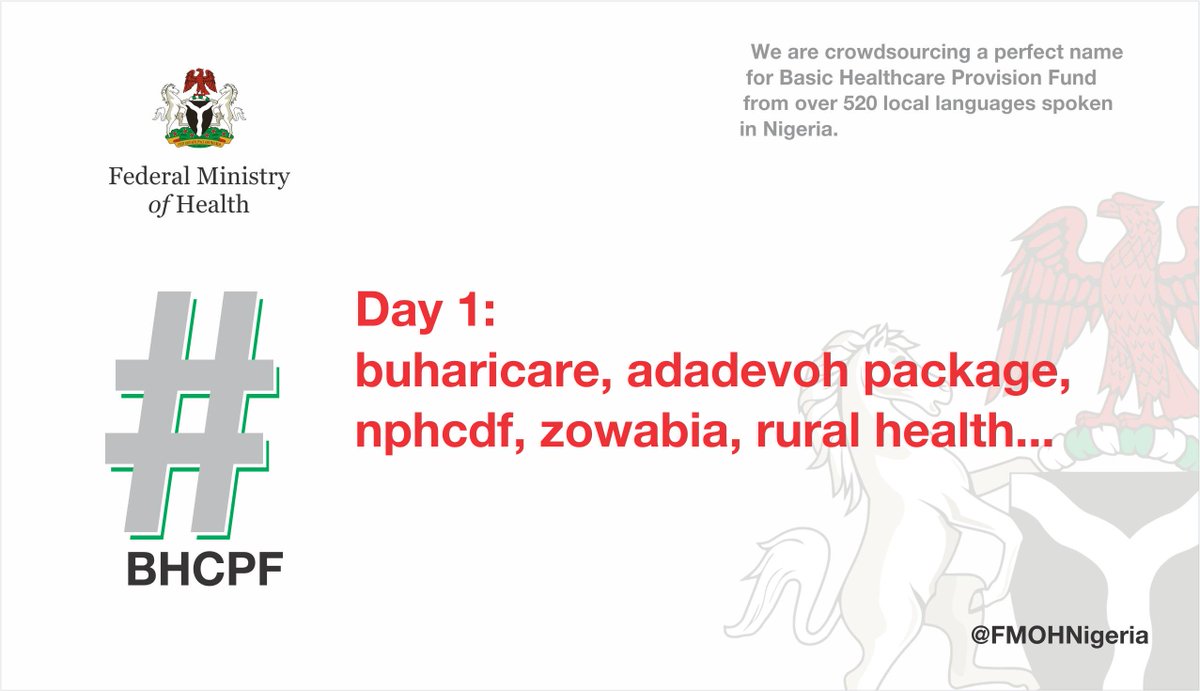 Fmohnigeria's tweet photo. As we continue our search for a unique name for the Basic Healthcare Provision Fund, #BHCPF, these are some of the suggestions we have so far.

We are exploring our local languages and options. #Participate

#Crowdsourcing #BHCPF https://t.co/GOQkNCxGiu