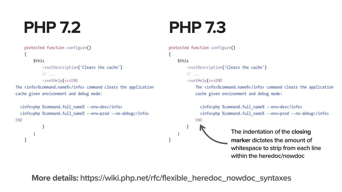 symfony_en's tweet image. PHP 7.2 release is around the corner, but work on PHP 7.3 has already begun. First big feature: flexible Heredoc and Nowdoc. Details: wiki.php.net/rfc/flexible_h…