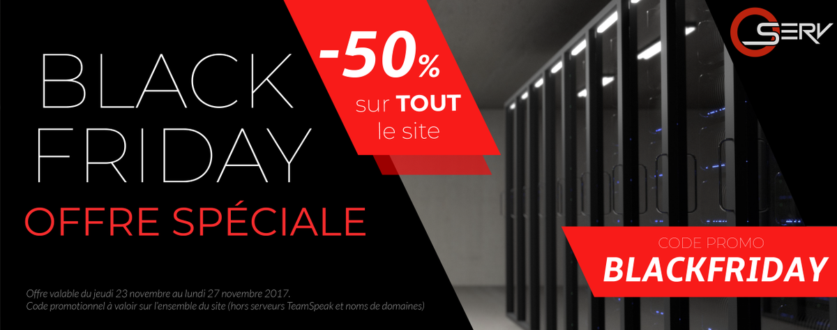 oServfr's tweet photo. [#BLACKFRIDAY]

📣 -50% sur TOUT le site (hors TeamSpeak et noms de domaine) 

🔴 CODE PROMO : BLACKFRIDAY 🔴

Offre valable aujourd'hui et jusqu'au 27 novembre, profitez-en vite ! 😱 https://t.co/7ozPDj2agA