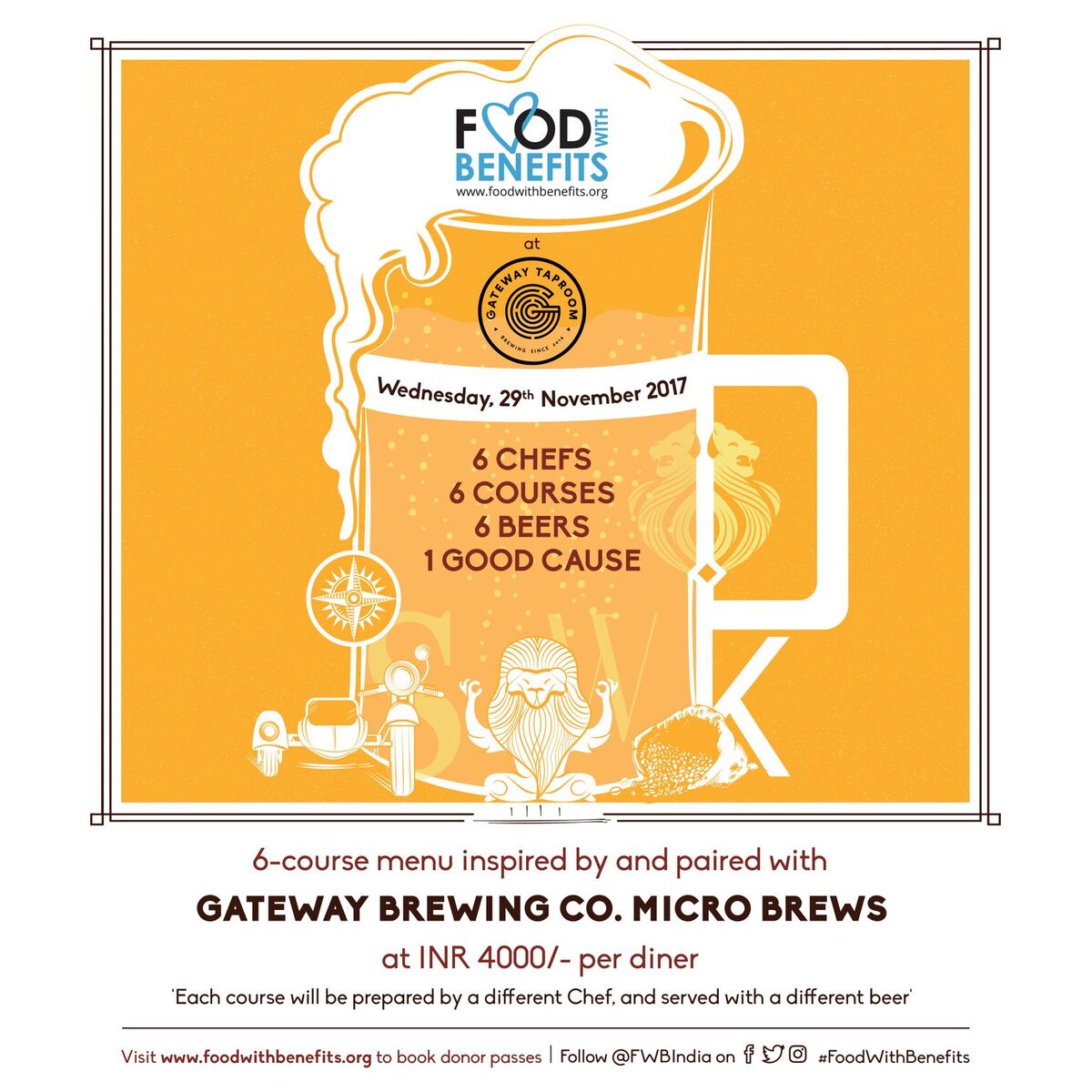 <a href="/fwbindia/">Food With Benefits</a>  at <a href="/GatewayTaproom/">Gateway Taproom -BKC</a> will feature 6 of #Mumbai's best #chefs serving up a 6-course experience, with each course being paired with a different <a href="/gatewaybrewery/">Gateway Brewing Co.</a> #Beers. This is a communal sit-down dining experience paired with craft beers. Proceeds will benefit @#Annam