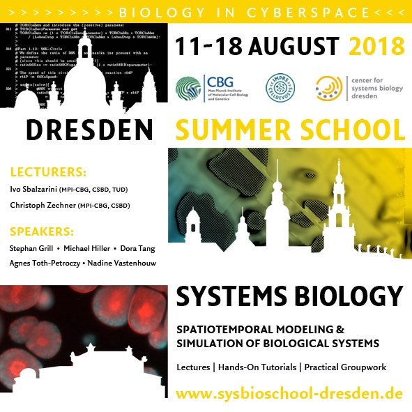 Announcing 2018 Dresden Summer School in Systems Biology #sysbio focusing on #Spatiotemporal Modeling &amp; Simulation <a href="/imprs_mpicbg/">IMPRS-CellDevoSys</a> <a href="/mpicbg/">MPI-CBG Dresden</a> in the new #CSBD August 11-18. More details &amp; app: bit.ly/2jRf9r4 (Pls retweet!)
