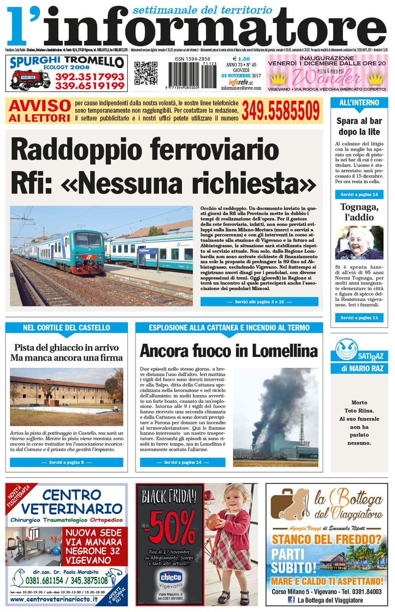 Informatore_it's tweet photo. Ecco la #PrimaPagina dell'Informatore in #edicola oggi, giovedì 23 novembre 2017. Aggiornamenti e #versionedigitale su https://t.co/14wbxwJe0c - abbonamento "all digital" o "family": https://t.co/VVzoewPm52 https://t.co/yFSKG9xxaO