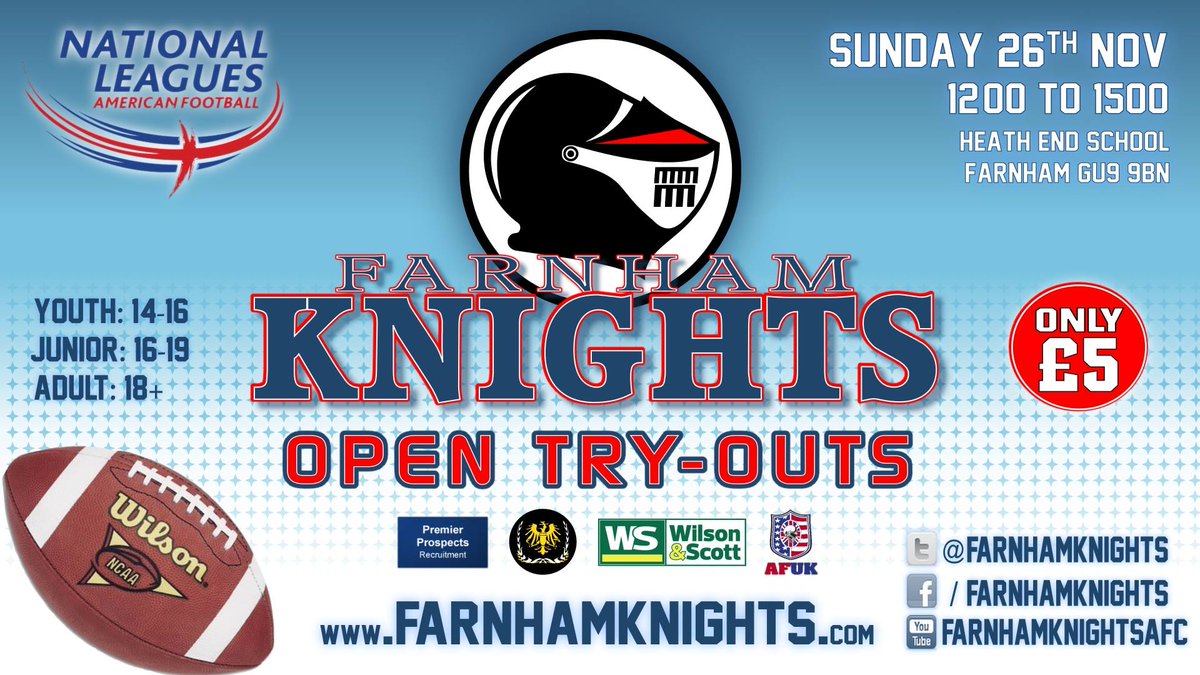 Please don't miss out on your chance to try out for the Farnham Knights American Football Club this Sunday, give it a try, you might even like it.

#KnightTime #Farnham #TryOuts #AmericanFootball #NFL