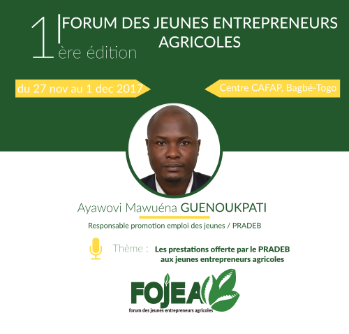 FojeaTg's tweet photo. M. Ayawovi Mawuéna GUENOUKPATI - Responsable promotion emploi des jeunes #pradeb sera l'un des intervenants du #FOJEA sous le thème: "Les prestations offerte par le @pradebtogo aux jeunes entrepreneurs agricoles " #Entrepreneur #agricole @miawoeva @yeevii #team228 #togo https://t.co/FQYl0l8OVm
