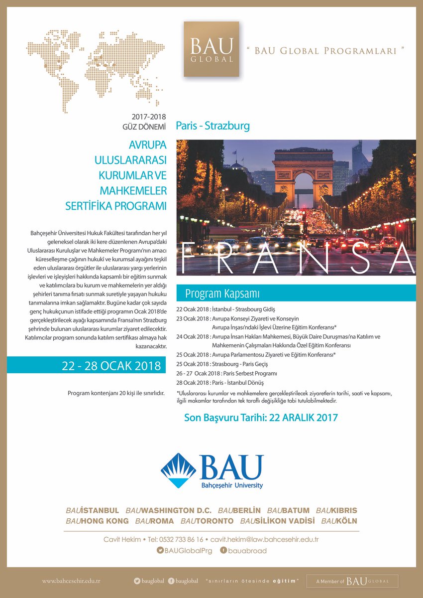 Bahçeşehir Üniversitesi Hukuk Fakültesi etkinlikleri kapsamında 22-28 Ocak 2018 tarihleri arasında düzenlenecek olan "Avrupa - Uluslararası Kurumlar ve Mahkemeler" Sertifika Programı <a href="/aysenuhoglu/">ayse nuhoglu</a> <a href="/BAUHukuk/">BAU Hukuk Fakültesi</a>