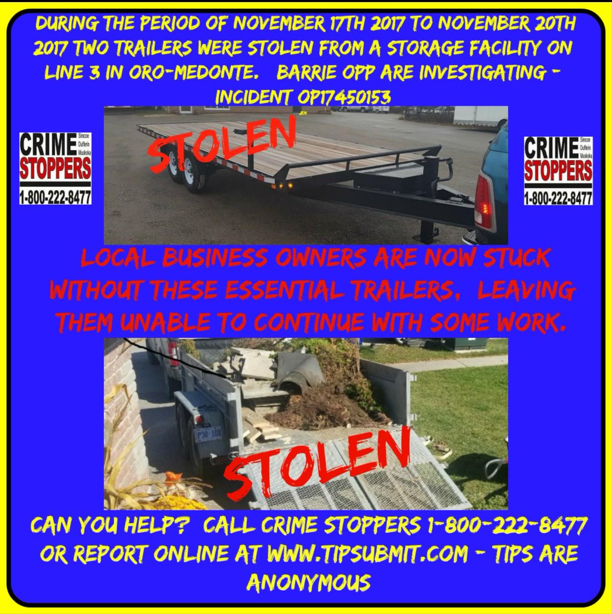 Crime Stoppers SDM (@crimesdm) on Twitter photo Can we help locate these STOLEN trailers? There is a business that is unable to continue their work due to this theft. PLEASE SHARE
<a href="/BarriePolice/">Barrie Police</a> <a href="/SouthSimcoePS/">South Simcoe Police</a> <a href="/OPP_COMM_CR/">OPPCommunicationsCR</a> <a href="/CrimeSDM/">Crime Stoppers SDM</a> <a href="/TwpOroMedonte/">Twp. of Oro-Medonte</a> <a href="/OroMedonteCC/">Oro-Medonte Chamber</a> <a href="/OrilliaDowntown/">Downtown Orillia BIA</a> <a href="/OrilliaPacket/">The Packet & Times</a> <a href="/Barrie411/">Barrie 411 News</a> <a href="/MidlandBIA/">Downtown Midland</a> Can we help locate these STOLEN trailers? There is a business that is unable to continue their work due to this theft. PLEASE SHARE
<a href="/BarriePolice/">Barrie Police</a> <a href="/SouthSimcoePS/">South Simcoe Police</a> <a href="/OPP_COMM_CR/">OPPCommunicationsCR</a> <a href="/CrimeSDM/">Crime Stoppers SDM</a> <a href="/TwpOroMedonte/">Twp. of Oro-Medonte</a> <a href="/OroMedonteCC/">Oro-Medonte Chamber</a> <a href="/OrilliaDowntown/">Downtown Orillia BIA</a> <a href="/OrilliaPacket/">The Packet & Times</a> <a href="/Barrie411/">Barrie 411 News</a> <a href="/MidlandBIA/">Downtown Midland</a>