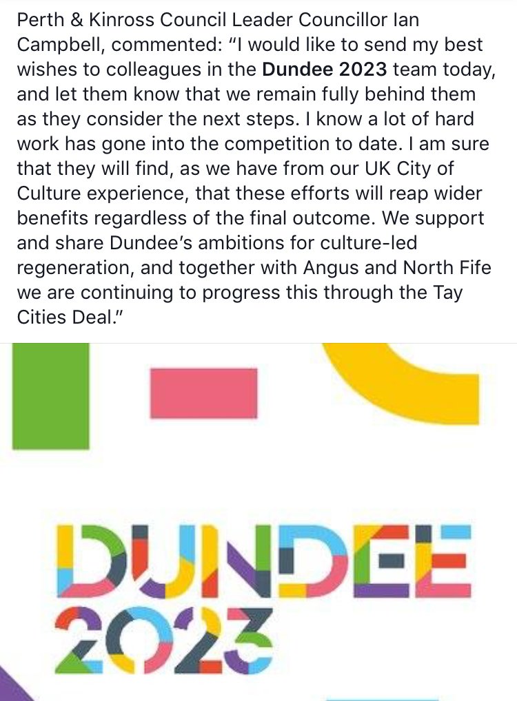 Sending our best wishes to the <a href="/dundee2023/">Dundee2023</a> team today. Council Leader, Cllr Campbell said: "We support and share Dundee’s ambitions for culture-led
regeneration, and together with Angus and North Fife we are continue to
progress this through the Tay Cities Deal.”