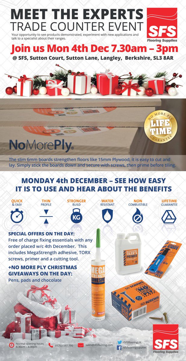 STSUKLtd's tweet photo. We're going to be at @SFSflooringUK in Langley on 4th December for their Trade Counter Event! Join Vince for some freebies, demos, giveaways and more! https://t.co/h78Gv1wJoE
