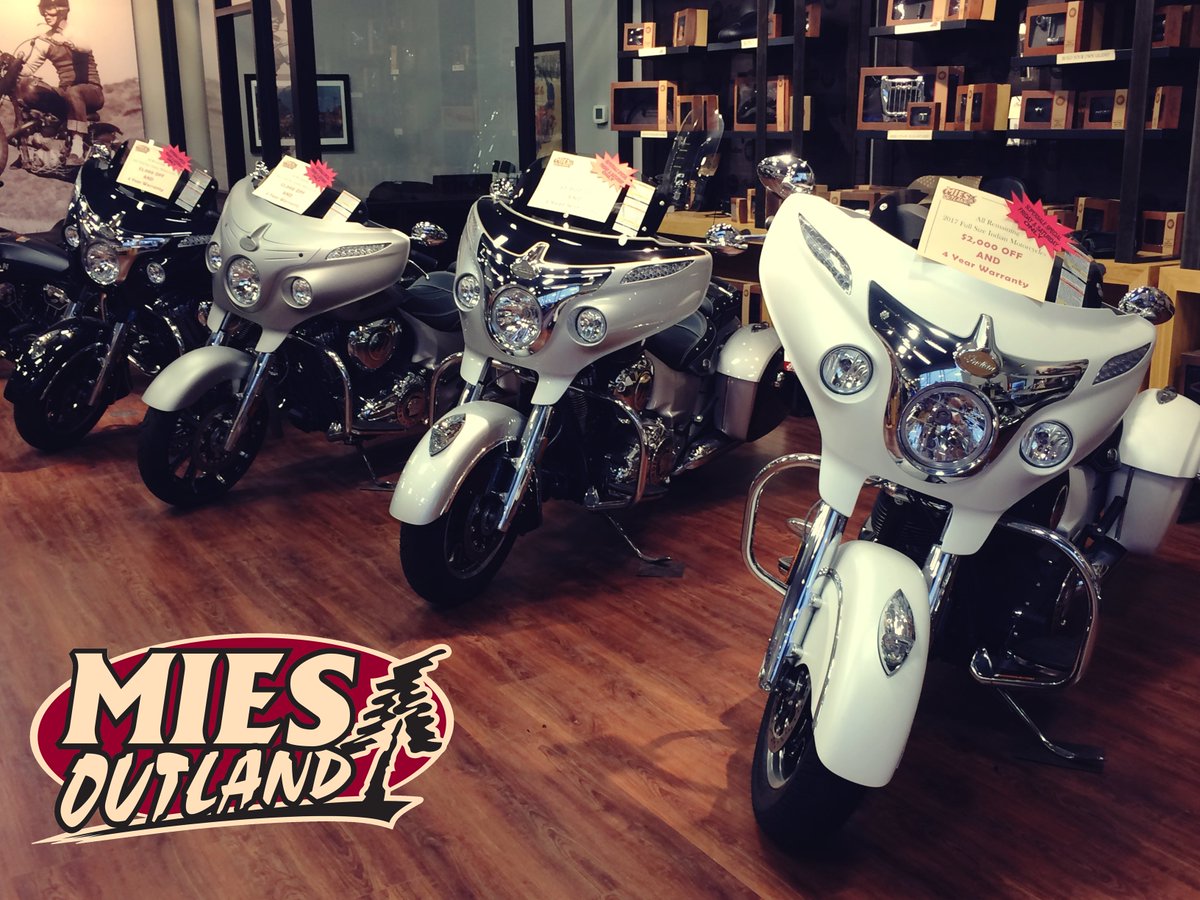 BLACK FRIDAY SPECIAL! All remaining 2017 Indian Motorcycle heavyweights $2,000 off AND a free 4 year warranty! ALSO all remaining 2017 Indian Scouts $1,000 off AND a free 4 year warranty! Friday &amp; Saturday only, while supplies last. ONLY at Mies Outland Watkins.