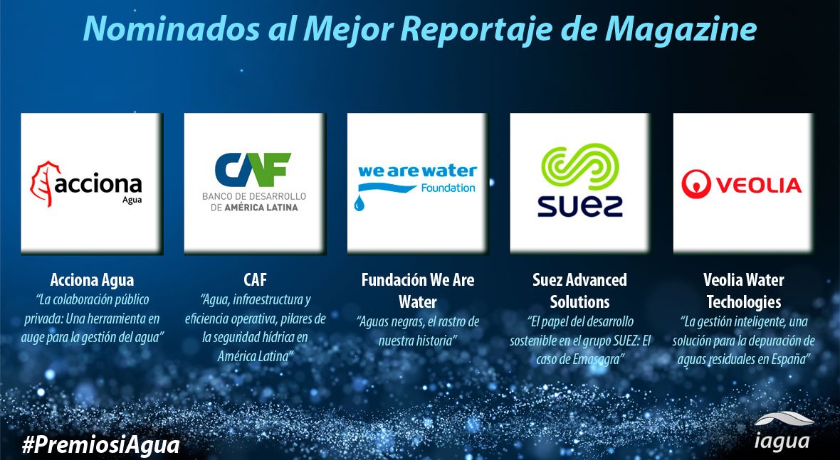 @RocaMADGallery <a href="/AgendaCAF/">CAF</a> <a href="/escueladelagua/">ESCUELA DEL AGUA</a> <a href="/GrupoInclam/">Grupo Inclam</a> @suezES @Agbar <a href="/estefaniaMLara/">Estefanía Martínez Lara</a> <a href="/albertmlacambra/">A. Martínez Lacambra</a> #NominacionesiAgua 🏆 al Mejor Reportaje de Magazine:

1️⃣@Acciona por bit.ly/ReportajeAccio…
2️⃣<a href="/AgendaCAF/">CAF</a> por bit.ly/ReportajeCAFiA…
3️⃣@WeAreWater por bit.ly/ReportajeWeAre…
4️⃣@SuezES por bit.ly/ReportajeSUEZi… 
5️⃣<a href="/VeoliaWaterTech/">Veolia | Water Tech</a> por bit.ly/ReportajeVeoli…