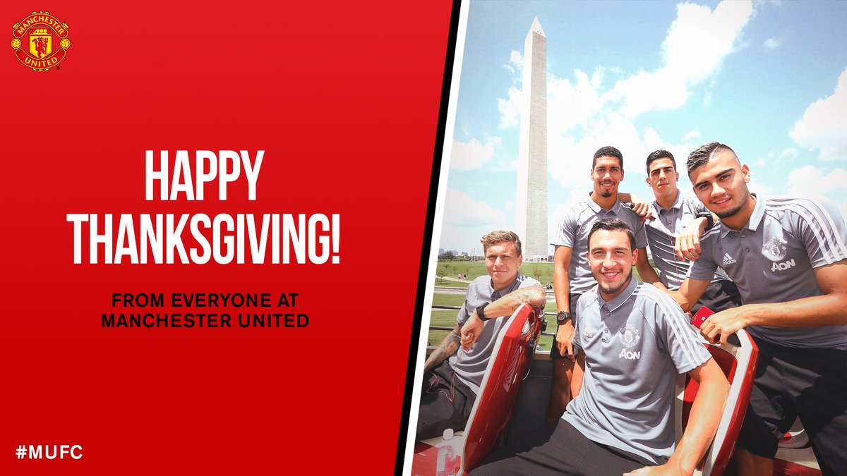 ManUtd's tweet photo. #HappyThanksgiving from #MUFC. Thank you for your passion and support! 🇺🇸 https://t.co/enyWiD9bUF