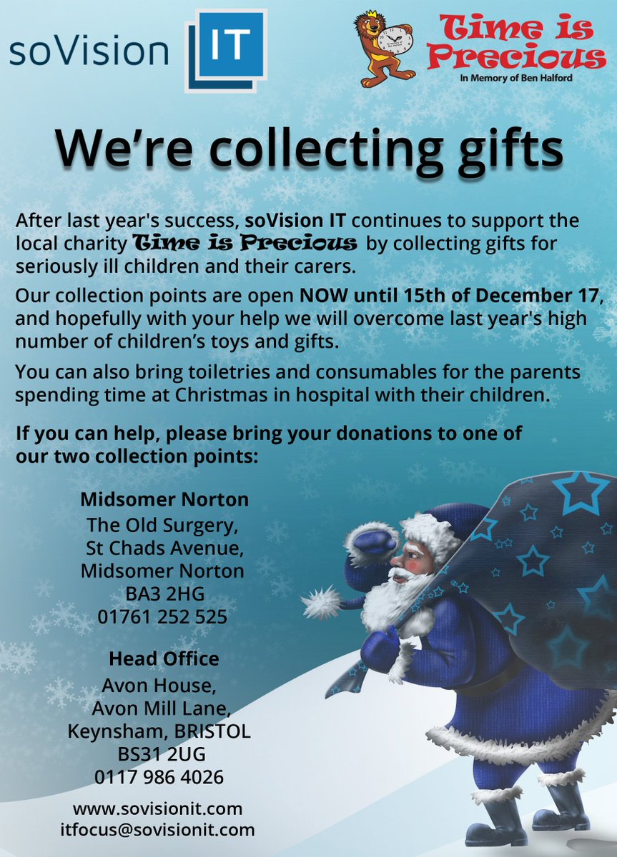 soVisionIT's tweet photo. Update: Father #Christmas said he will collect the #presents from #soVisionIT Midsomer Norton and Keynsham on 15th of #December 2017 ππ²ππ²: https://t.co/5Ru54Zbm9s
@tipcharity #charity #gifts #children #fundraising #donate #nonprofit #philanthropy #help #CSR https://t.co/7EHVyOac3a