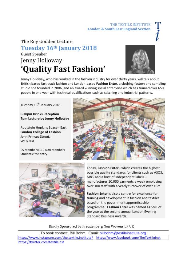 textileinst's tweet photo. London and South East England Section Event: The Roy Godden Lecture
Tuesday 16 January 2018                              
Rootstein Hopkins Space - East, London College of Fashion, John Princes Street, 
W1G 0BJ https://t.co/n7mWRk547y