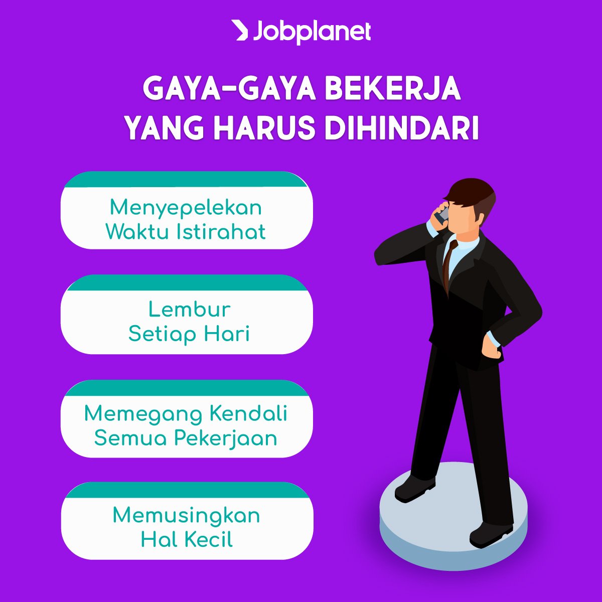 Kerja keras memang diperlukan. Namun jika kamu salah mengartikan inti kerja keras, alhasil kamu tidak akan memiliki work-life balance  dan bekerja pun jadi tidak produktif. Untuk itu, hindari gaya-gaya bekerja ini ya, Planeters. #TipsJobplanet