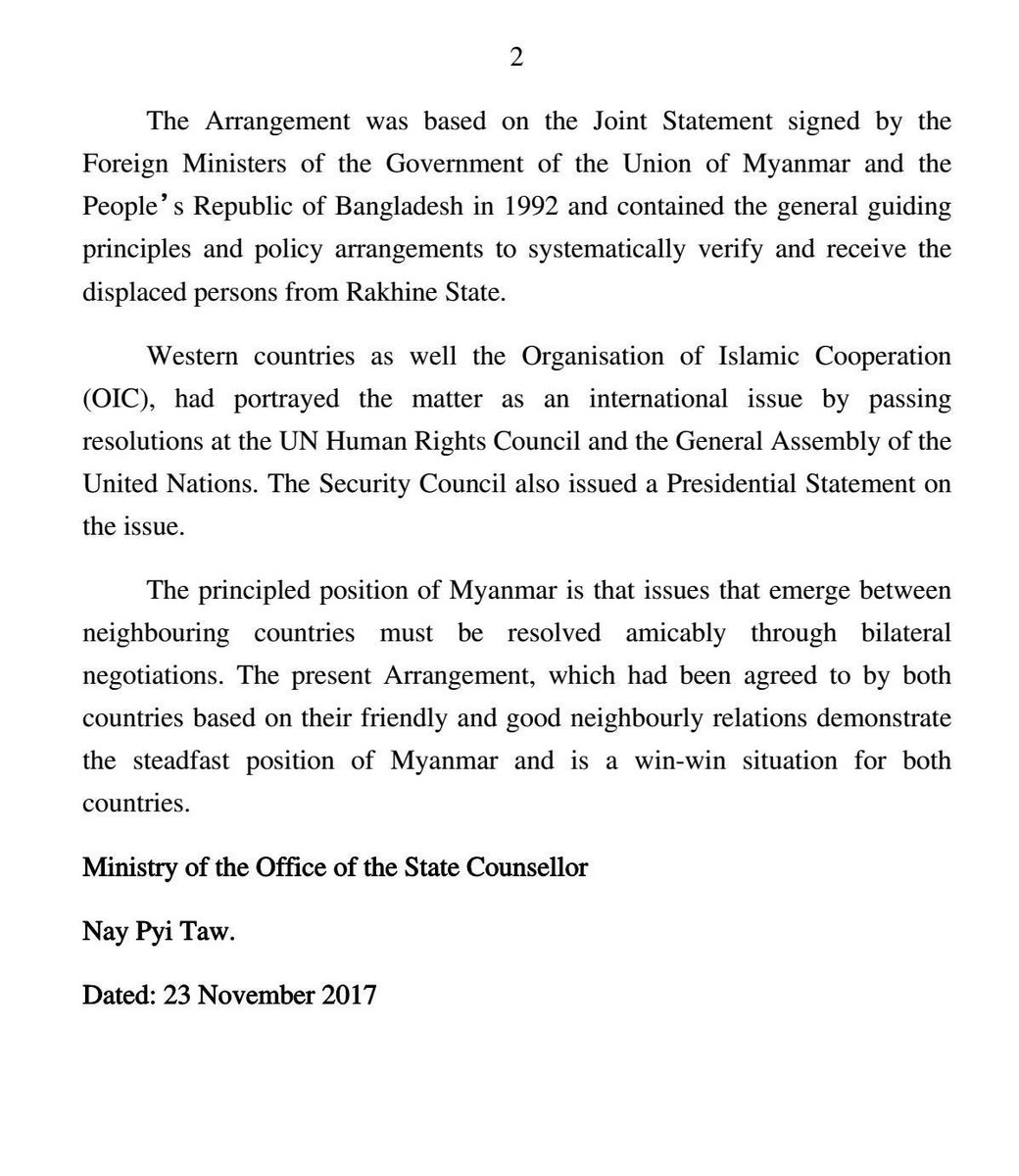PRESS STATEMENT

The Republic of the Union of Myanmar and the People’s Republic of Bangladesh signed the Arrangement on Return of Displaced Persons from Rakhine State