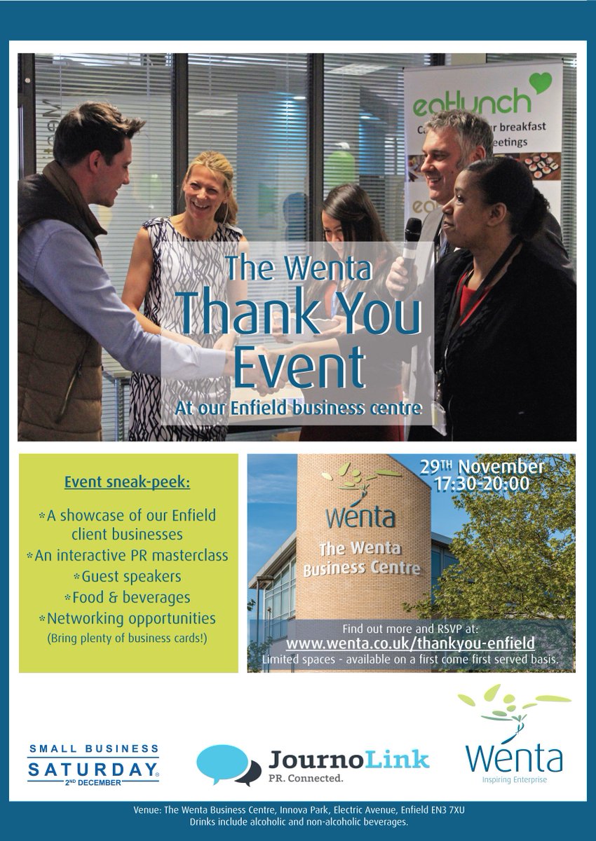 TheWentaGroup's tweet photo. @EnfieldToday - did you know about Wenta's upcoming client Thank You event (29th Nov 5:30-8pm) in #Enfield? Find out more here: https://t.co/JGeaiUua9w
#SupportingSmallBusinesses #Local https://t.co/JNL53bzWGR