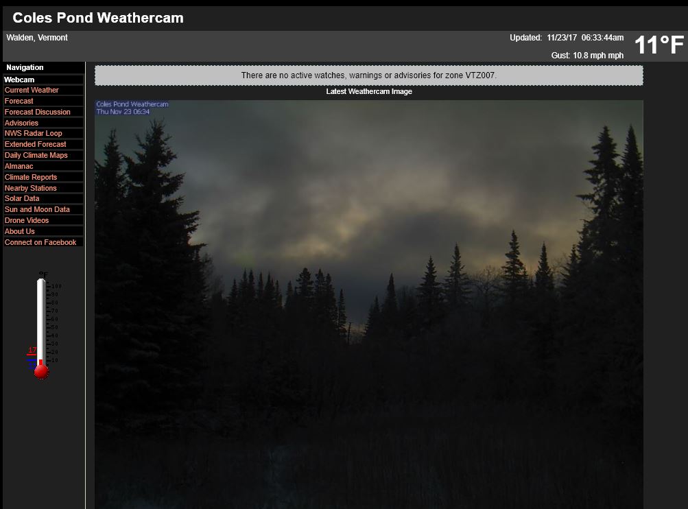 11F and 7" snow on Coles Pond webcam, Walden VT #vtwx <a href="/TylerJankoski/">Tyler Jankoski NBC5 📺</a> @CaitlinMyNBC5 <a href="/MichaelPageWx/">Michael Page</a> <a href="/VermontTourism/">Vermont Tourism</a> @TimNBCBoston <a href="/wcax/">Channel 3 News</a> <a href="/SeanMParker/">Sean Parker</a> <a href="/JimCantore/">Jim Cantore</a> <a href="/ericfisher/">Eric Fisher</a> @THISISVT <a href="/NWSBurlington/">NWS Burlington</a> <a href="/TerryWBZ/">Terry Eliasen</a>