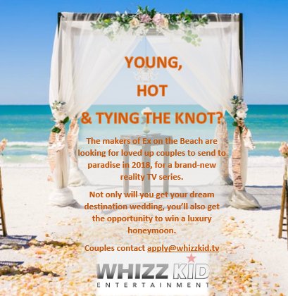<a href="/YourFaceOnTelly/">GetYourFaceOnTelly</a> RT! YOUNG, HOT &amp; TYING THE KNOT? <a href="/WhizzKidEnt/">Whizz Kid Entertainm</a> are looking for gorgeous couples considering marriage in 2018. We'll whisk you off to paradise for your dream wedding AND the chance to win a honeymoon. INTERESTED? Email apply@whizzkid.tv #engaged #couplesgoals #love